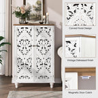 JOINICE 47" Tall Accent Cabinet with Carved Doors & Storage for Living Room | Vertical Storage, Carved Floral Design, Mandala White Buffet, Boho/Farmhouse/Rustic Style, Adjustable Shelves, Easy Assembly