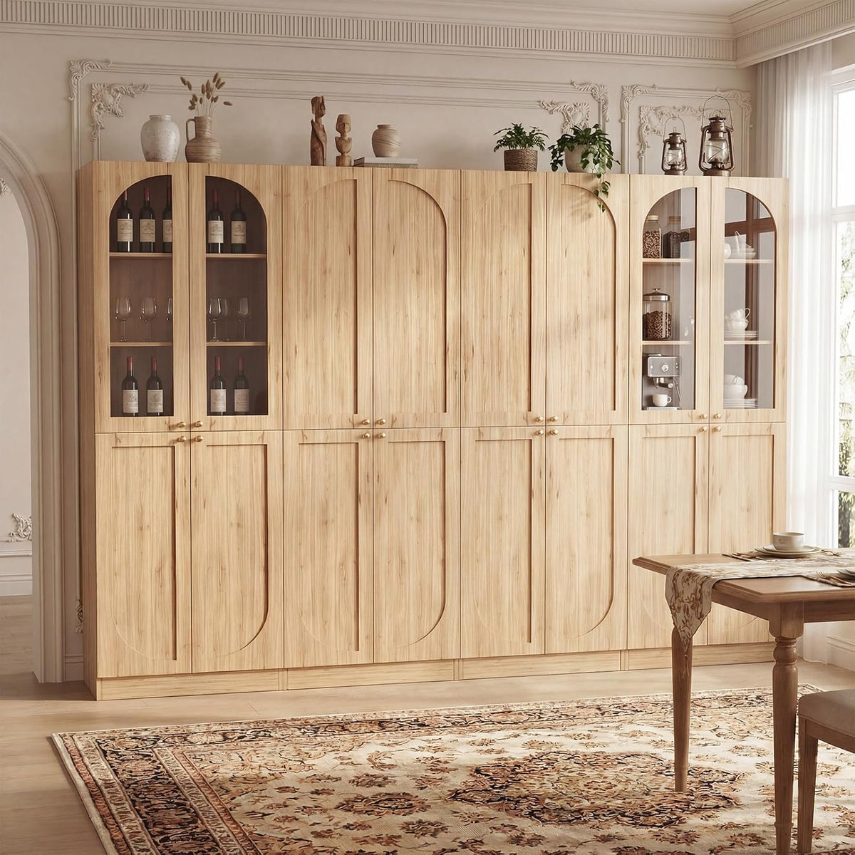 Cyclysio 80" Tall Kitchen Pantry Cabinet, 47" Wide Arch Storage Cabinets with Glass Doors and Adjustable Shelves, Freestanding Wood Floor Cupboard with Seamless Fit Wall for Living Room, Dining Room