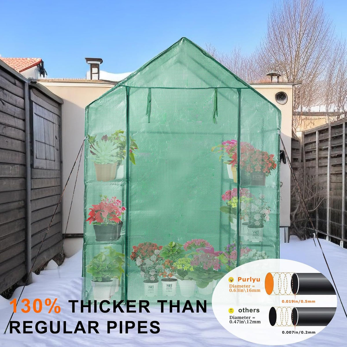 Walk-in Greenhouse for Outdoors, Thickened PE Cover & Heavy Duty Powder-Coated Steel, Mesh Door & Screen Windows, 14 Sturdy Shelves 4.7x4.7x6.4 FT, (GHW002G)