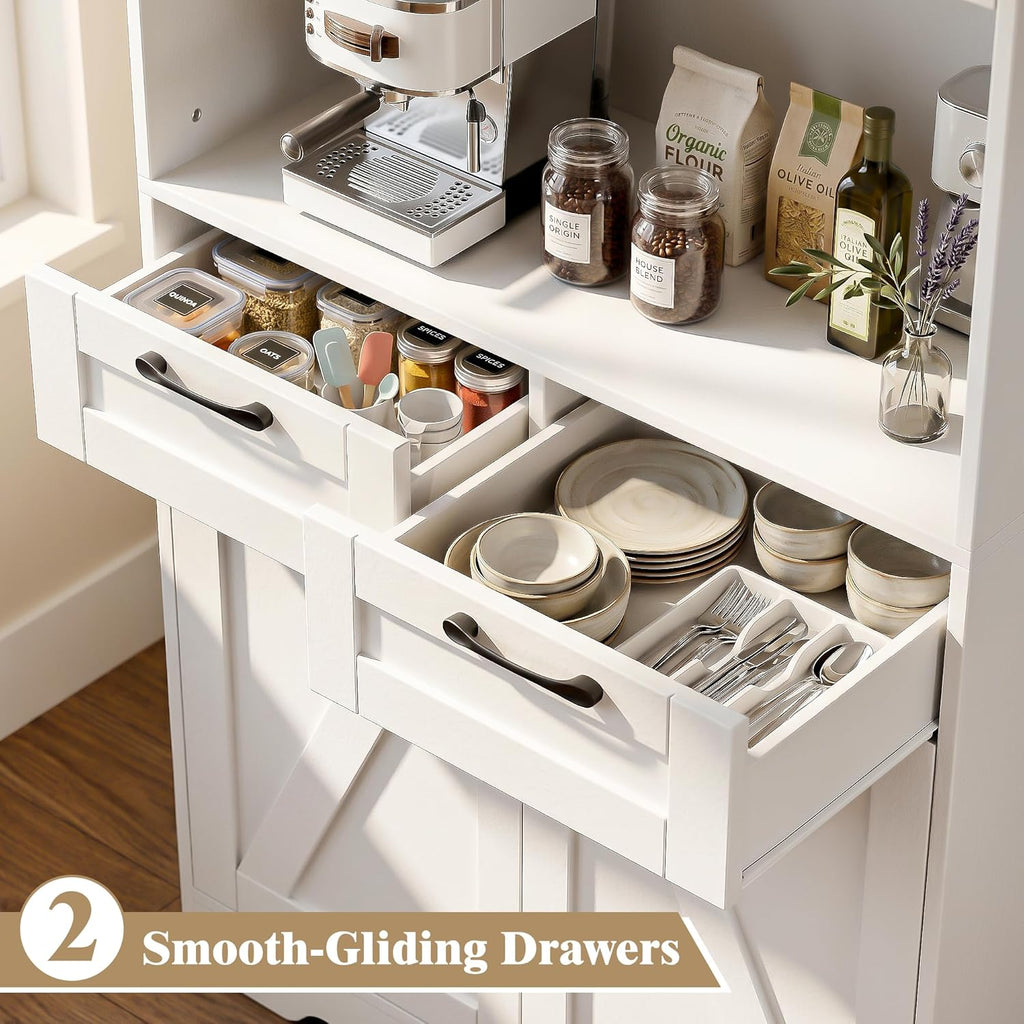 Tall Kitchen Pantry Cabinet with 2 Drawers, White Hutch Cabinet with Storage, Kitchen Pantry Storage Cabinet with Countertop and Adjustable Shelf, Tall Pantry for Kitchen
