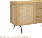 NTC MOSSIC Sideboard with 2 Doors and 3 Drawers, Buffet Cabinet with Natural Rattan and Metal Legs, Modern Storage Cabinet for Living Room, and Hallway, Effortless Assembly, Sand