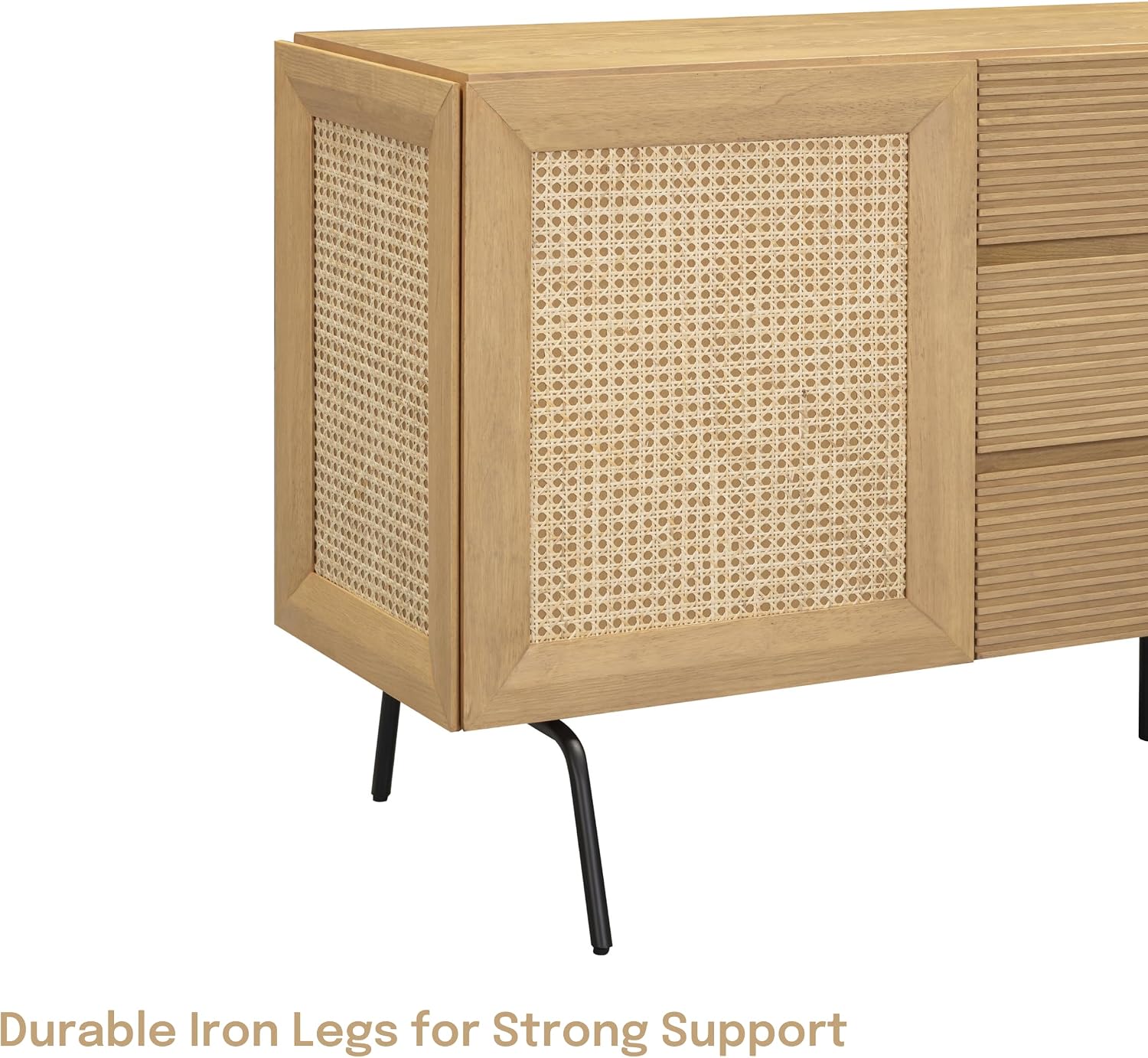 NTC MOSSIC Sideboard with 2 Doors and 3 Drawers, Buffet Cabinet with Natural Rattan and Metal Legs, Modern Storage Cabinet for Living Room, and Hallway, Effortless Assembly, Sand
