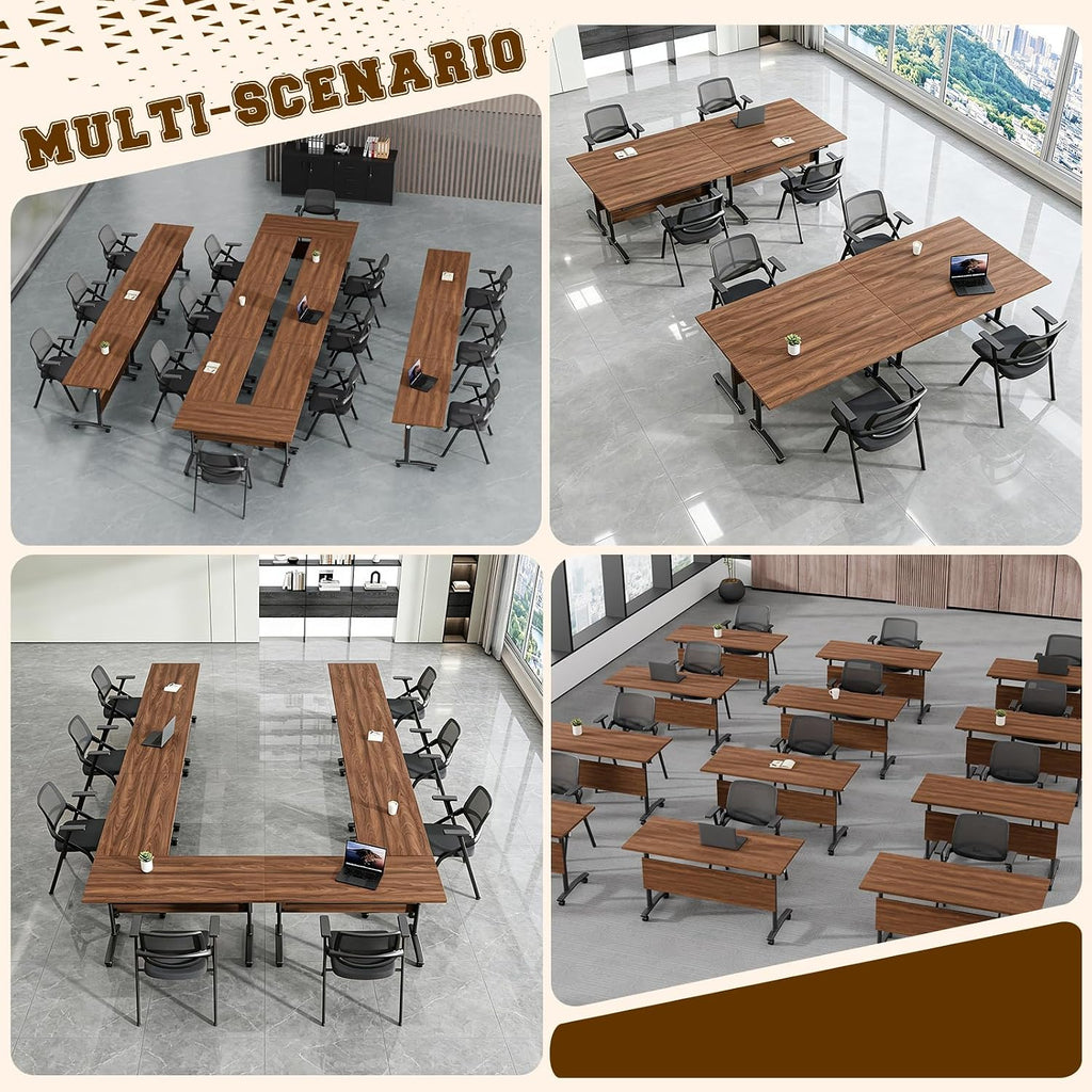 Folding Conference Table for 2-30 Person Modern Large Flip-Top Mobile Meeting Tables with Locking Wheels,Conference Room Table for Office Training Modular Seminar Table (10, Walnut, L70.9in)