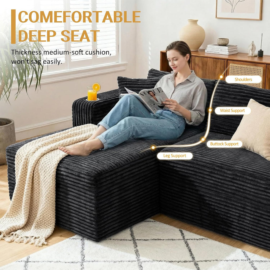 JAMFLY 103" Modular Sectional Sofa for Small Spaces, No Assembly, Black | Pet-Friendly Corduroy, High Back Support, Compact for Apartments, Ready to Use, Deep Seat & Memory Foam