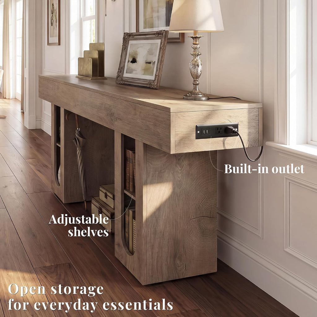 63 Inch Entryway Console Table with Power Outlets & Storage, Oak | Wooden Behind Couch Table, Farmhouse, Adjustable Shelves, 300LB Load, 5.9" Thick Top, MDF, Anti-Tip, Zero Wobble, Entrance