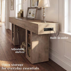 63 Inch Entryway Console Table with Power Outlets & Storage, Oak | Wooden Behind Couch Table, Farmhouse, Adjustable Shelves, 300LB Load, 5.9" Thick Top, MDF, Anti-Tip, Zero Wobble, Entrance