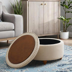 30'' Round Ottoman Coffee Table with Storage, Upholstered Tufted Ottoman with Flip Tray, Solid Wood Legs for Living Room, Bedroom, Khaki