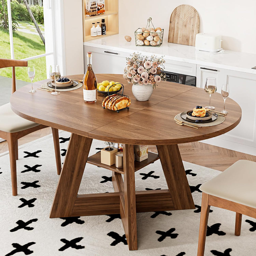 43.3in-59in Extendable Dining Table for 4-6, Round Kitchen Dining Room Table with Removable Leaves Space Saving, Space Saving, Wooden Cross Base with Storage Shelf for Kitchen Living Room (Walnut)
