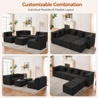 MONVANE 130'' Modular Sectional Cloud Couch for Living Room, 6 Seater Convertible Chenille Couches Set with Ottoman & Pillow, No Assembly Compression Sofas, Comfy Floor Sofa with Memory Foam, Black