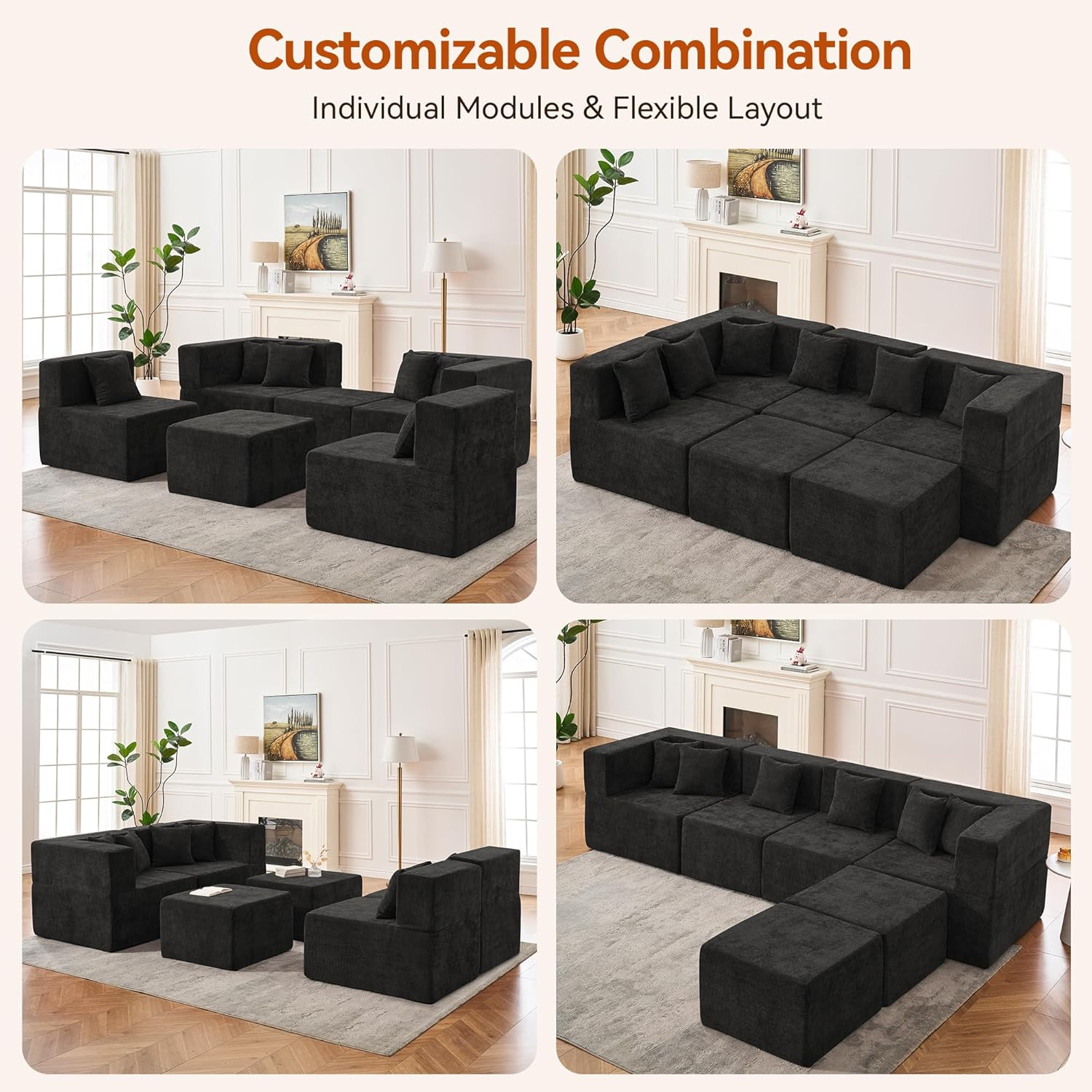 MONVANE 130'' Modular Sectional Cloud Couch for Living Room, 6 Seater Convertible Chenille Couches Set with Ottoman & Pillow, No Assembly Compression Sofas, Comfy Floor Sofa with Memory Foam, Black