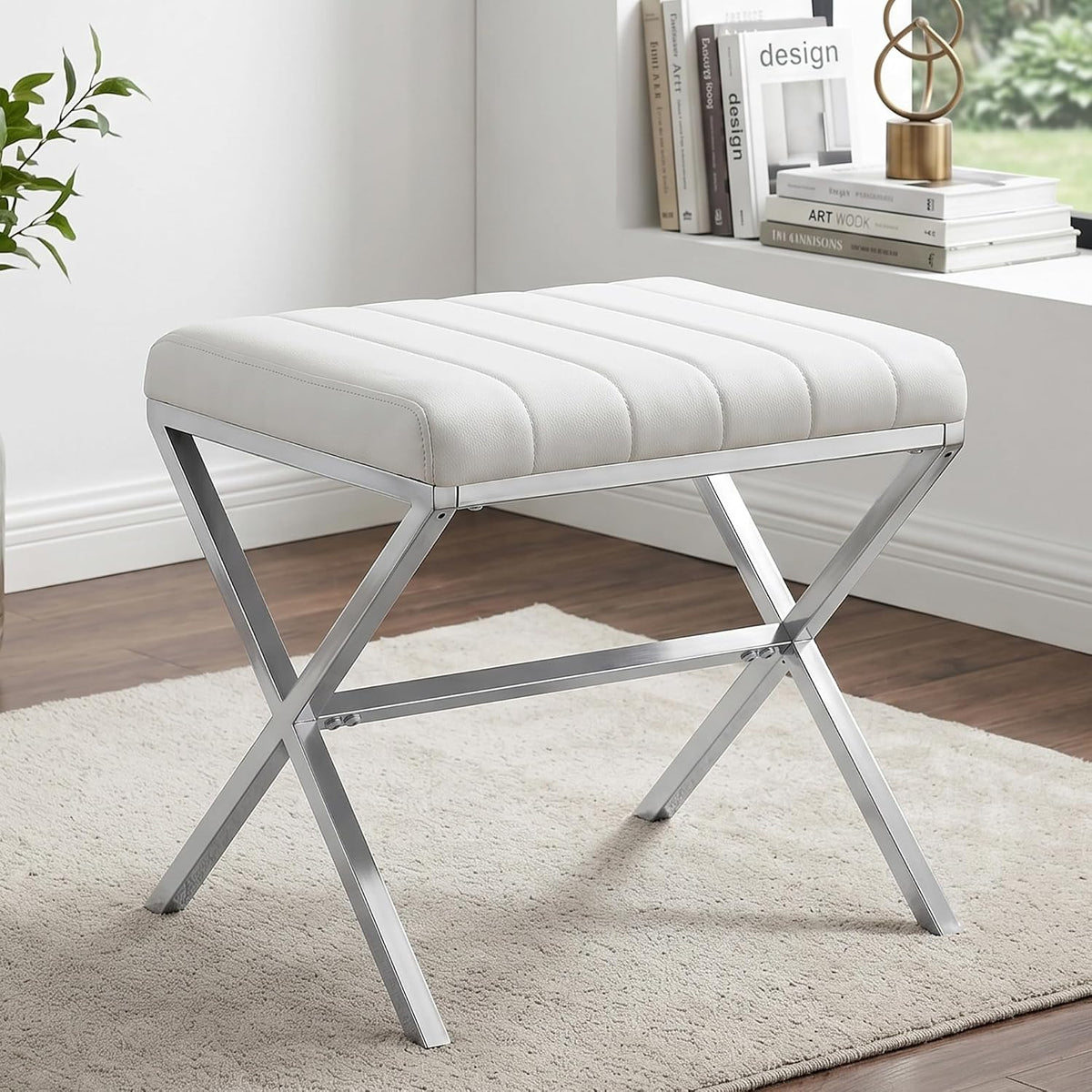 DUHOME Vanity Stool,Modern PU Leather Ottoman Stool Chair for Vanity Bench with Metal X Legs, Rectangle Makeup Stools Padded Foot Rest Ottoman for Makeup Room, Living Room, Bathroom,White