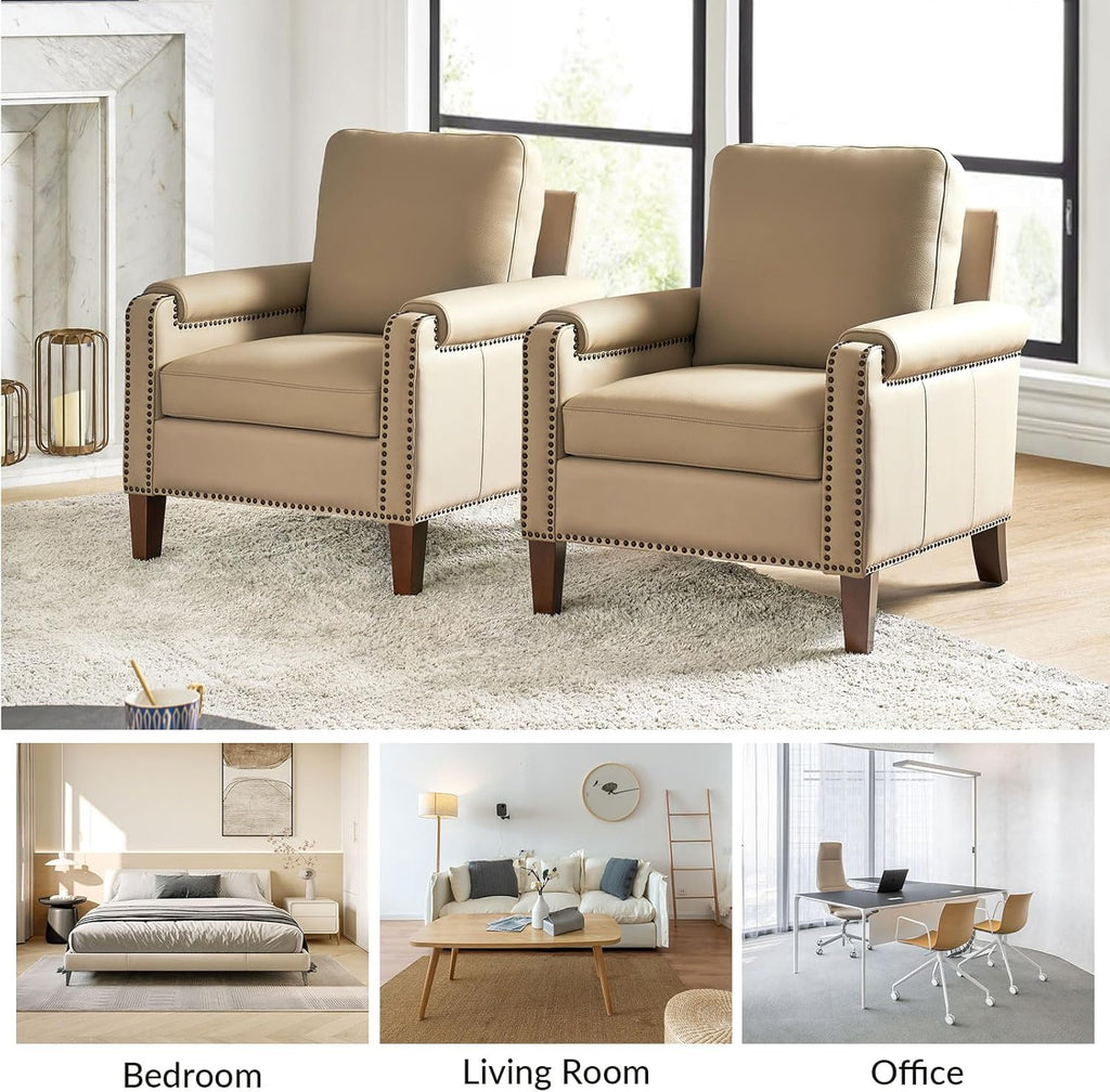 HULALA HOME Genuine Leather Accent Chair Set of 2 with Nailhead Trim, Beige | Mid-Century Modern Armchair with Solid Wood Legs, Rolled Arms, and Removable Cushion