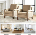 HULALA HOME Genuine Leather Accent Chair Set of 2 with Nailhead Trim, Beige | Mid-Century Modern Armchair with Solid Wood Legs, Rolled Arms, and Removable Cushion