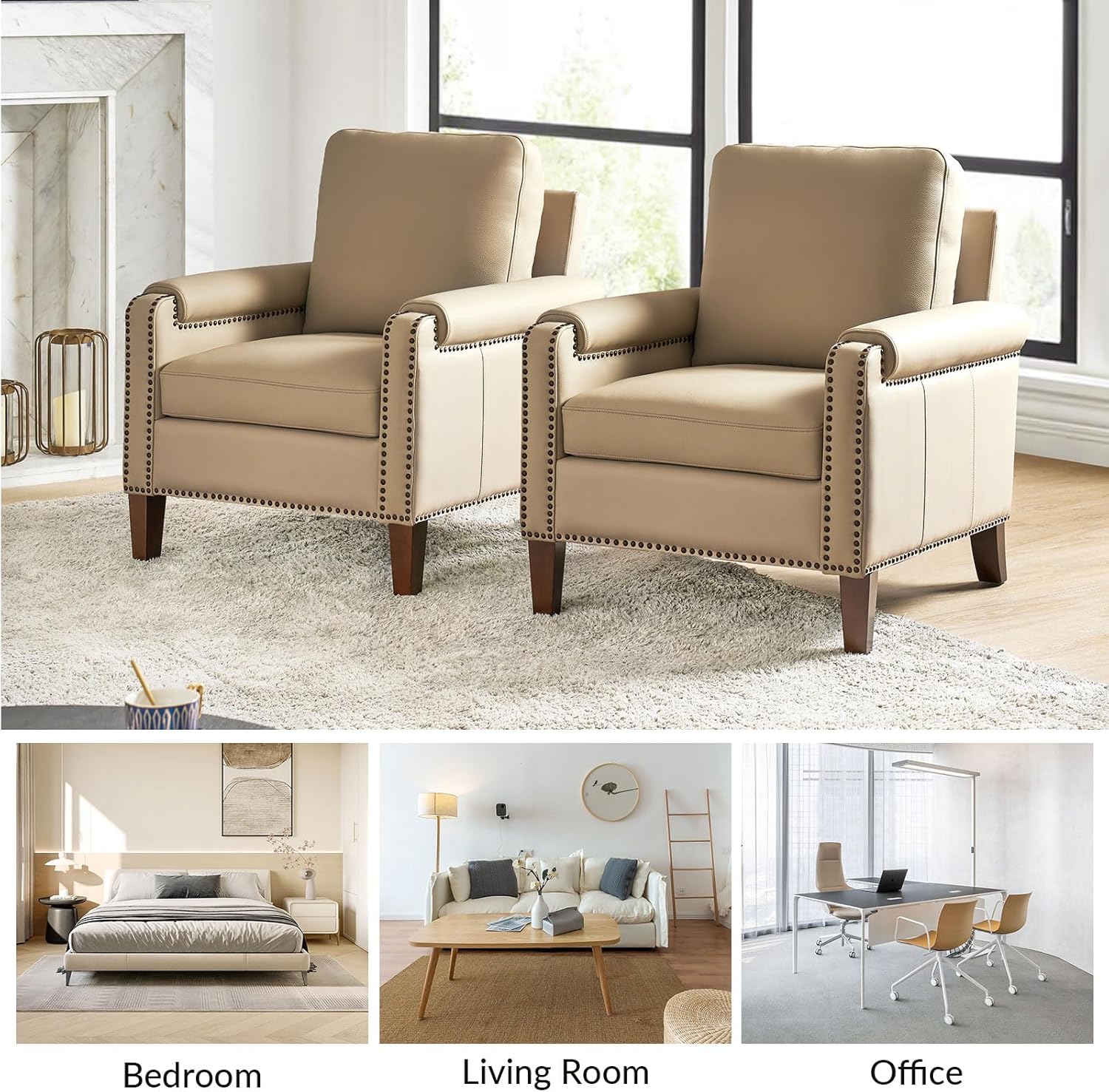 HULALA HOME Genuine Leather Accent Chair Set of 2 with Nailhead Trim, Beige | Mid-Century Modern Armchair with Solid Wood Legs, Rolled Arms, and Removable Cushion