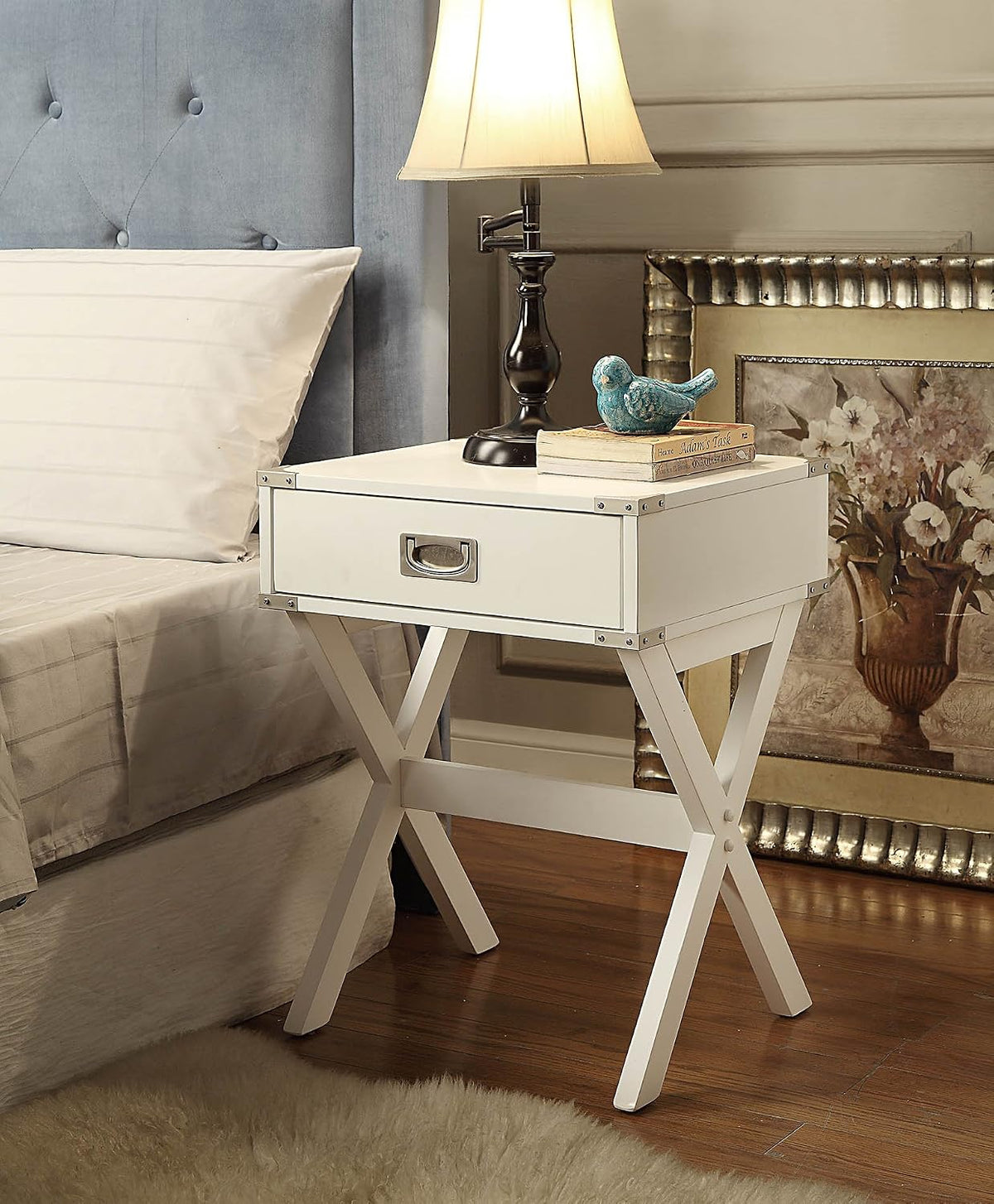 Mid-Century Modern Nightstand, 2 Drawers with Black Handles, Wood Grain Finish with Metal Hairpin Legs, White