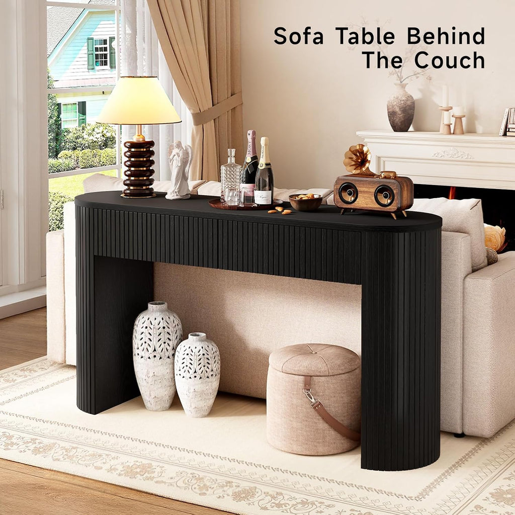 Console Table with Storage Drawers, 55 Inch Fluted Entryway Tables, Mid-Century Sofa Table Behind Couch, Wood Thin Hallway Tables, Modern Foyer Table for Living Room, Hallway, Accent Home Decor Black