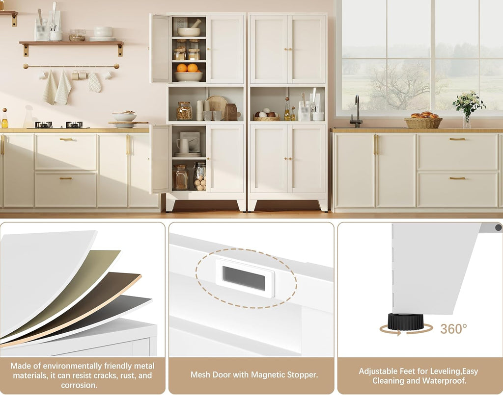 69"H Kitchen Pantry Cabinet with Countertop and Microwave Shelf,Metal Microwave Stand Cabinet with Storage，White Farmhouse Food Storage cabinet,Tall Freestanding Pantry Cabinets for Dining Room