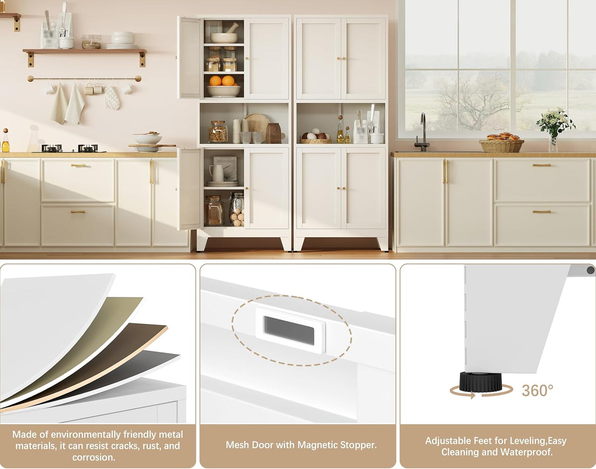 69"H Kitchen Pantry Cabinet with Countertop and Microwave Shelf,Metal Microwave Stand Cabinet with Storage，White Farmhouse Food Storage cabinet,Tall Freestanding Pantry Cabinets for Dining Room