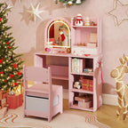 Costzon Kids Vanity with Lights, Girls Vanity Set with Mirror, Storage Drawer, Hooks & Shelves, Toddler Makeup Vanity Desk Dressing Table, Wooden Kids Vanity Table and Chair Set (Pink)
