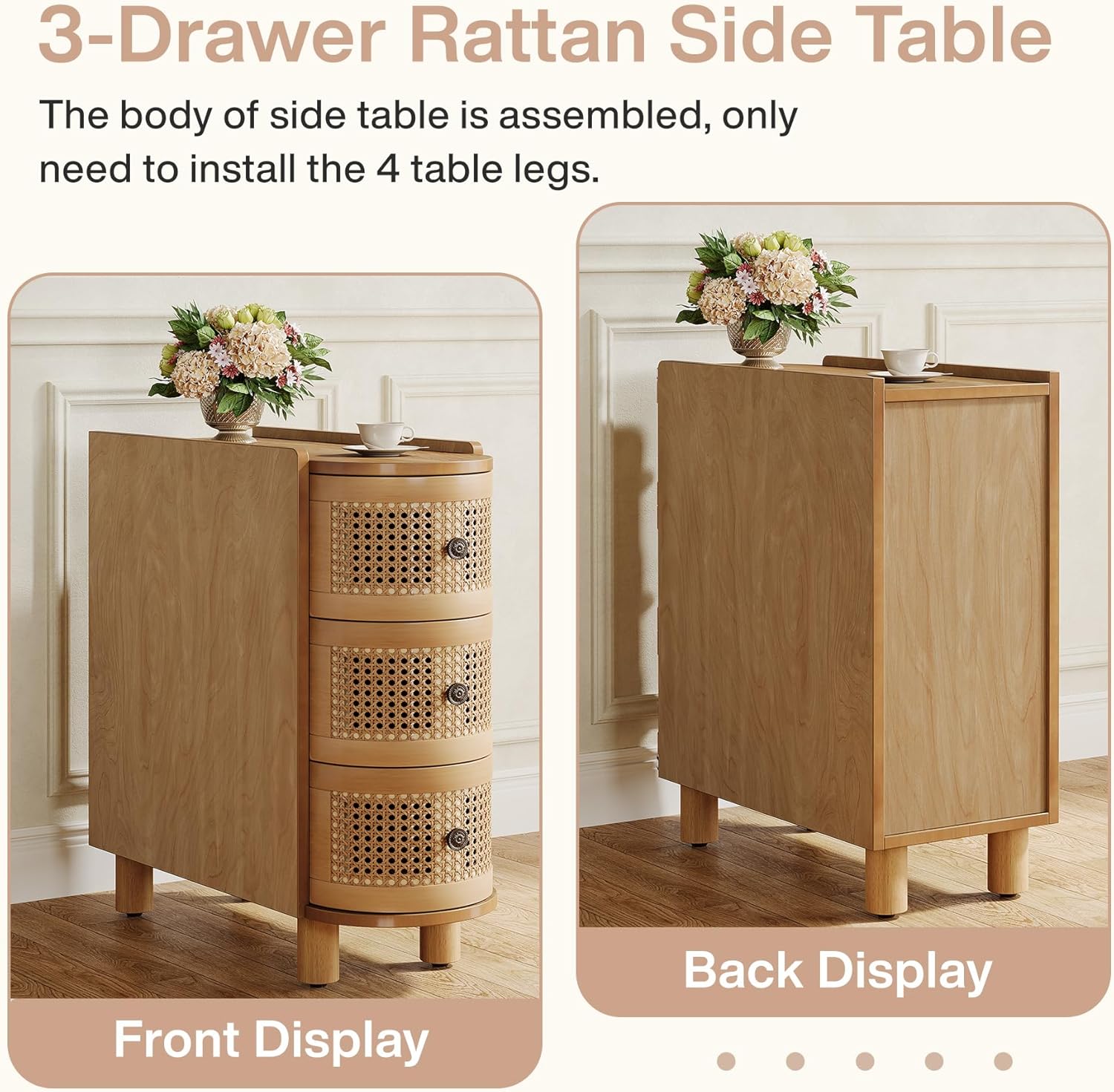 Tribesigns 3-Drawer Rattan End Table, Sofa Side Table with Vintage Embossed Handles for Living Room, Bedroom (2, Oak)