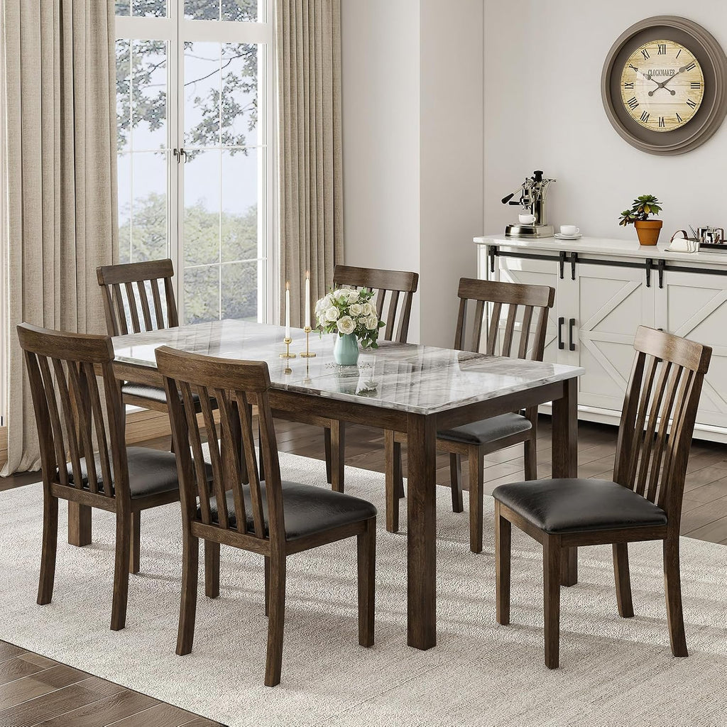 LUXOAK 7-Piece Wood Dining Table Set with Faux Marble Tabletop, Dark Brown | 71" Kitchen Table with 6 Chairs, Curved Backrests & PU Cushioned Seats, Perfect for Dining Room & Living Room