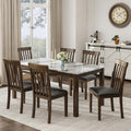 LUXOAK 7-Piece Wood Dining Table Set with Faux Marble Tabletop, Dark Brown | 71" Kitchen Table with 6 Chairs, Curved Backrests & PU Cushioned Seats, Perfect for Dining Room & Living Room