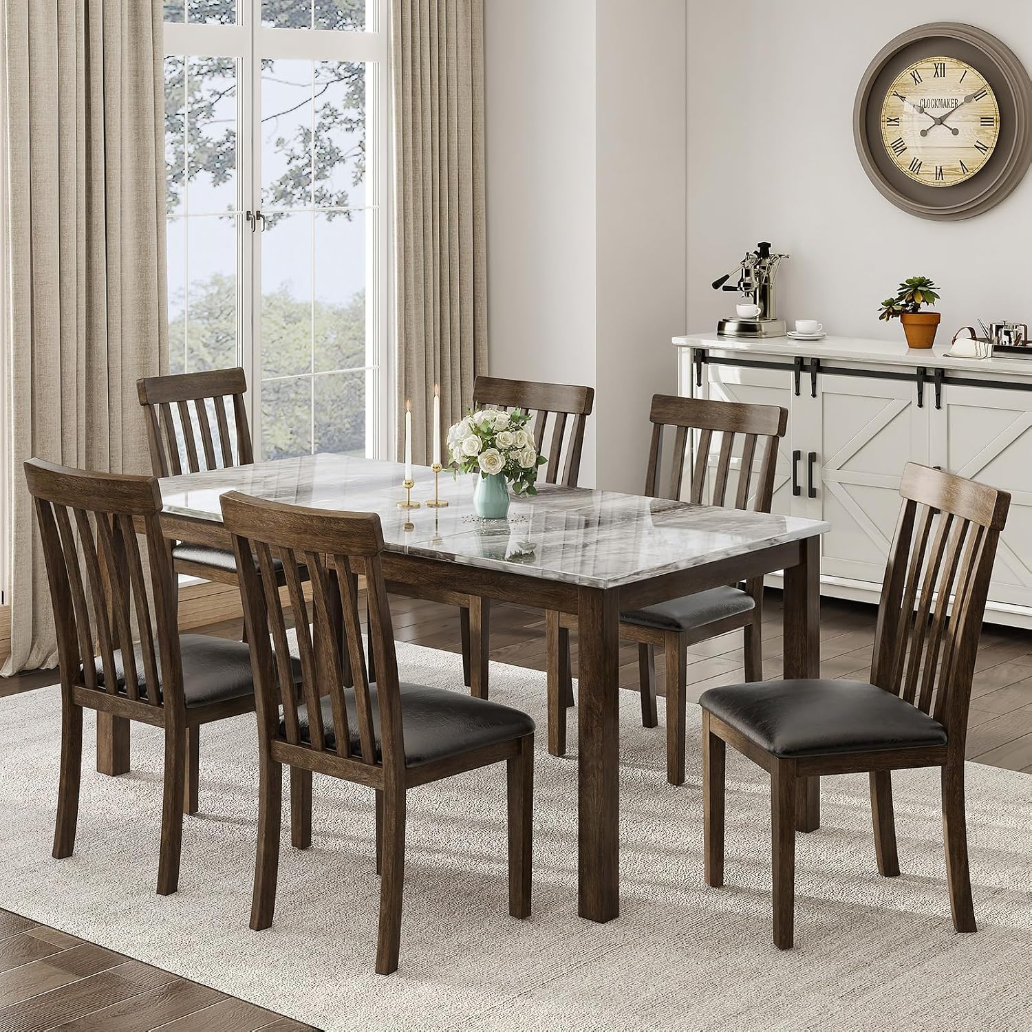 LUXOAK 7-Piece Wood Dining Table Set with Faux Marble Tabletop, Dark Brown | 71" Kitchen Table with 6 Chairs, Curved Backrests & PU Cushioned Seats, Perfect for Dining Room & Living Room