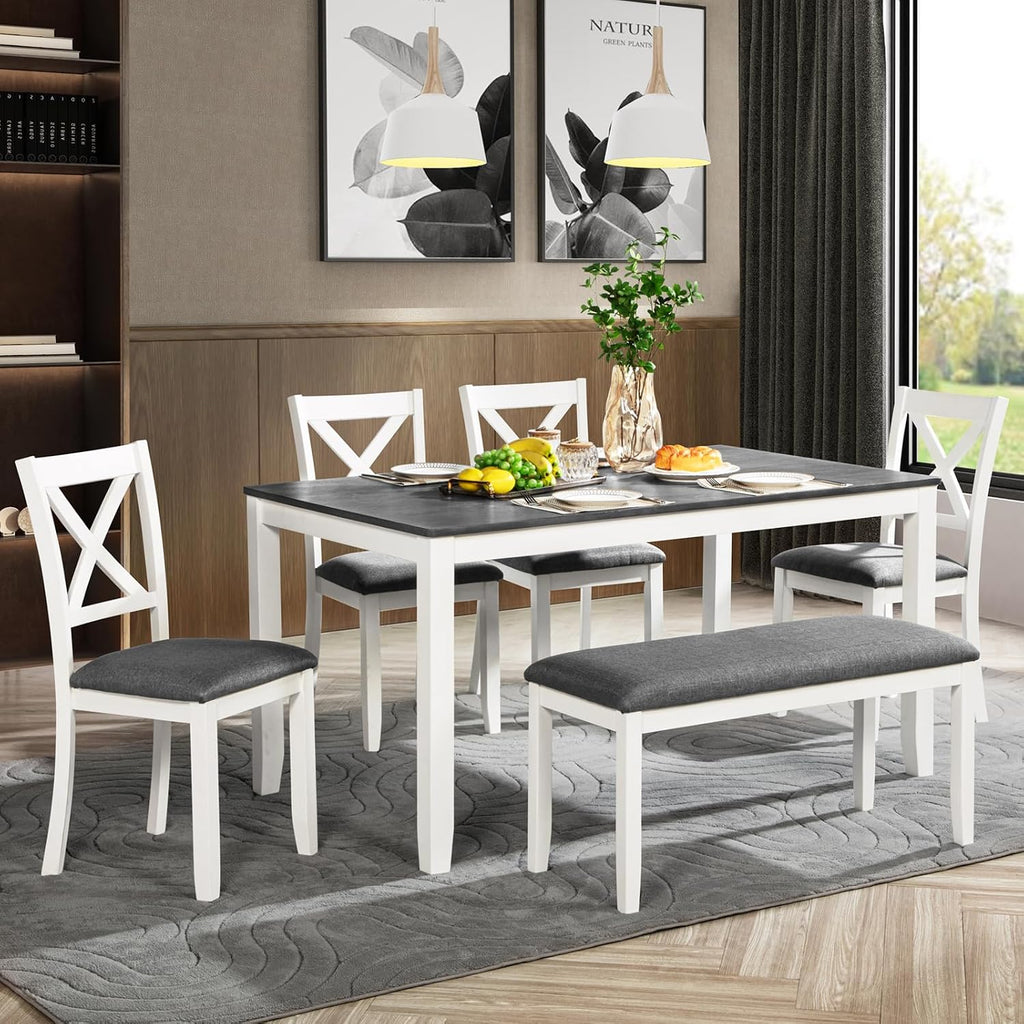 Merax 6-Piece Farmhouse Dining Table Set with Chairs and Bench, Wood Kitchen Table Set for 4-6, Rectangular Kitchen Dining Table for Dining Room, Kitchen, Small Apartment, White