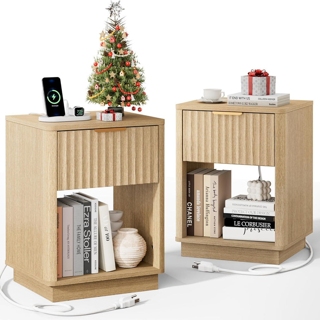 18" Modern Fluted Nightstand Set of 2 with Charging, Natural Oak | Bedroom, Sofa, Home Office, FSC-Certified MDF, Curved Corner, Metal Handle, Open Shelf, Night Stand, End Table, Bedside Table