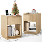 18" Modern Fluted Nightstand Set of 2 with Charging, Natural Oak | Bedroom, Sofa, Home Office, FSC-Certified MDF, Curved Corner, Metal Handle, Open Shelf, Night Stand, End Table, Bedside Table