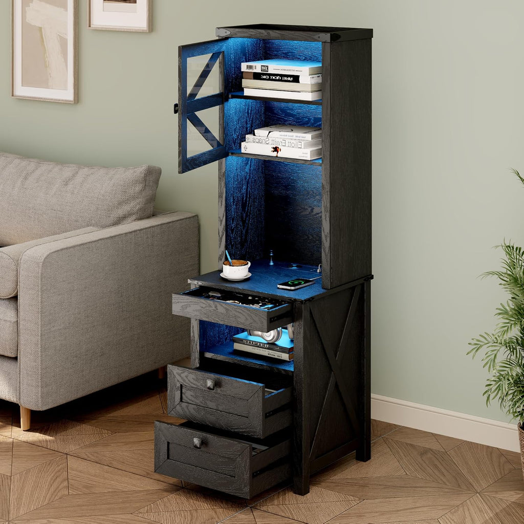 Farmhouse Tall Night Stand with Charger Station, Bedside Table with Shelves, LED Nightstand with Gun Drawer, Black