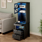 Farmhouse Tall Night Stand with Charger Station, Bedside Table with Shelves, LED Nightstand with Gun Drawer, Black