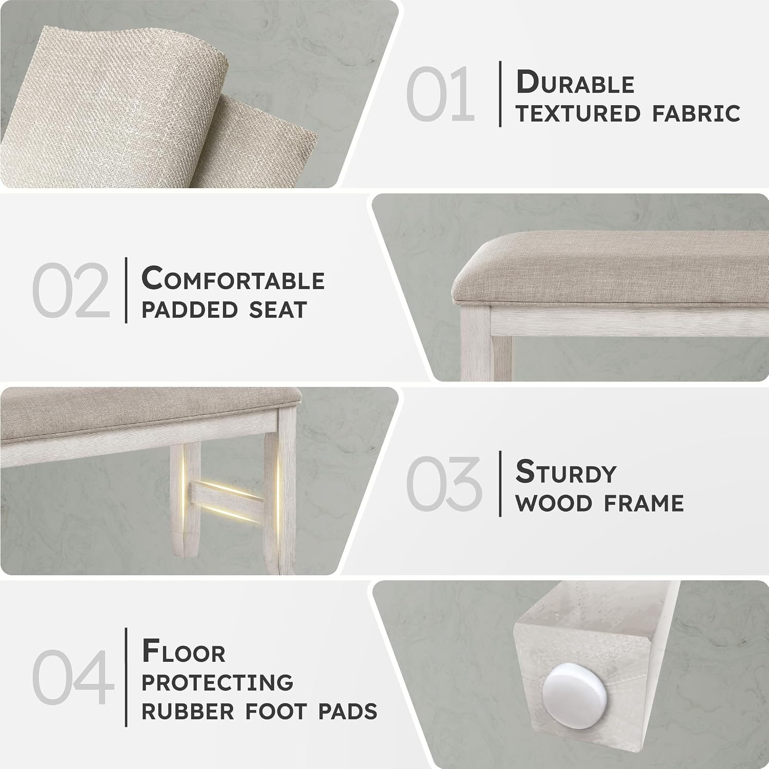 Lexicon Dining Bench with Padded Seat and Wooden Frame, Entryway Bench, Light Gray Textured Fabric Upholstered Dining Seat for Kitchen/Living Room, 19.5" SH, Brushed Antique White