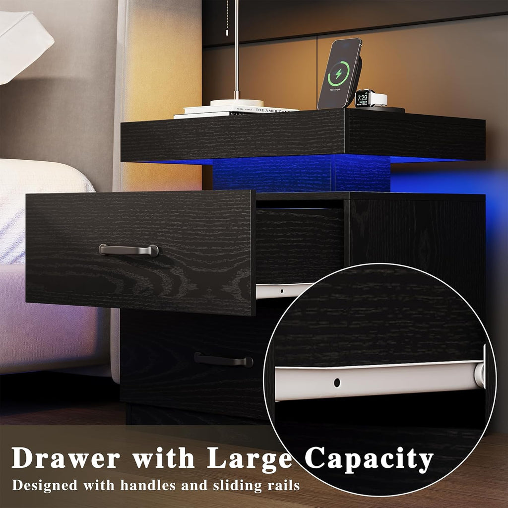 Black Nightstand with Charging Station, Modern Night Stand with LED Lights, End Table Bedside Table with 2 Drawers for Bedroom, Living Room