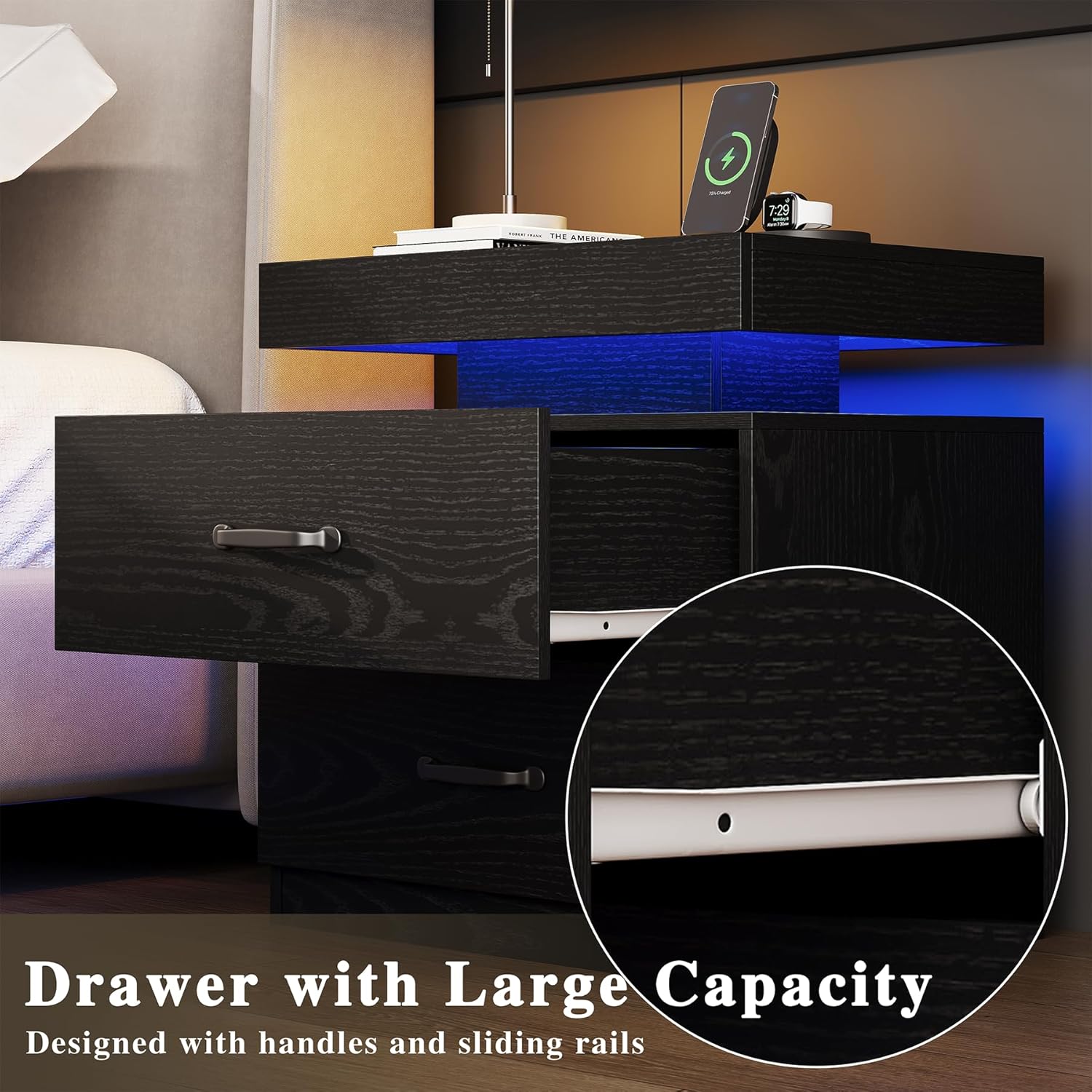 Black Nightstand with Charging Station, Modern Night Stand with LED Lights, End Table Bedside Table with 2 Drawers for Bedroom, Living Room