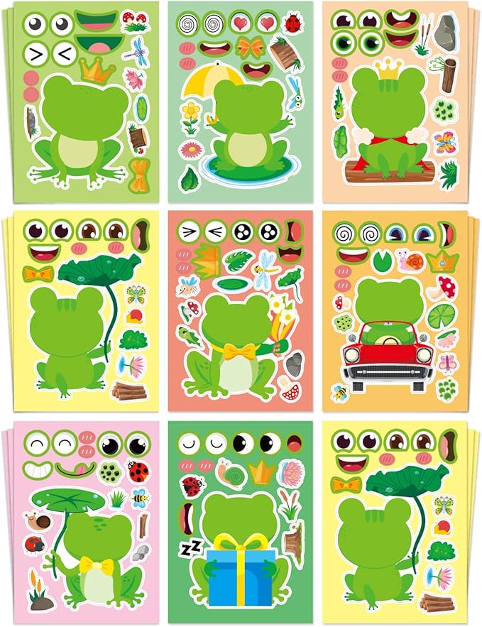 Aowplc 32 Sheets Frog Make-a-Face Stickers for Kids 8 Cute Designs Frog Craft Activities & Party Favors
