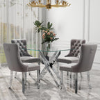5 Piece Silver Luxury Glass Dining Set, Modern Minimalist Kitchen Table Set for 4, 36'' Clear Square Glass Top Dinner Room Set, Grey High-end Tufted Chairs, for Small Place Living Room