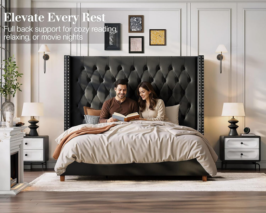 Jocisland Queen Bed Frame 61.4" Tall Headboard Velvet upholstered,Black