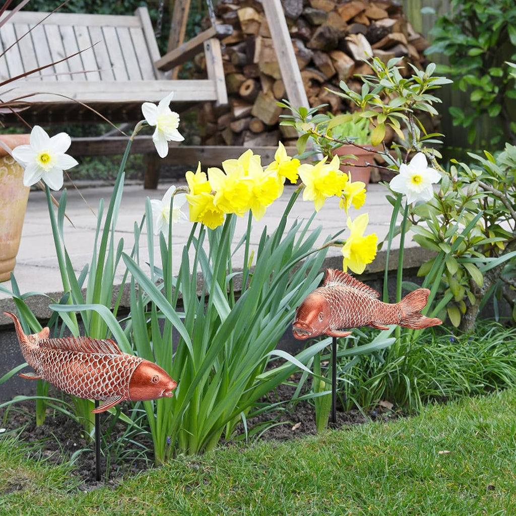 Garden Statues Koi Fish Decor Outdoor Garden Fish Statues, Set of 2 Antique Copper Koi Art Sculptures for Patio, Backyard, Pond and Home Decor for Women Mom