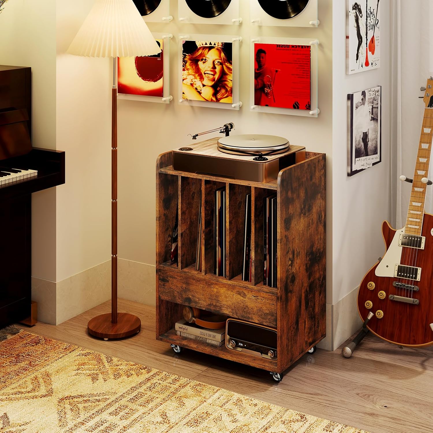 Giantex Record Player Stand, Rolling Turntable Stand with Drawer & Lockable Wheels, Record Player Table Holds Up to 150 Albums, Vinyl Record Storage for Living Room Bedroom, Rustic Brown