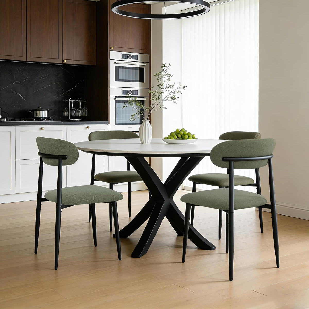 FREKEN Modern Upholstered Dining Chairs Set of 4, Mid-Century Metal Frame Linen Fabric Side Chair for Kitchen Dining Room, 350lbs Capacity, Green