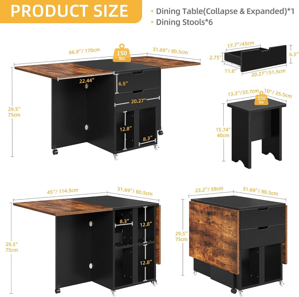 DWVO 7-Piece Extendable Dining Table Set with 6 Chairs, Rustic Brown | Drop leaf extendable table, 2 storage drawers, wheels, seats 6, space-saving for small spaces, easy assembly