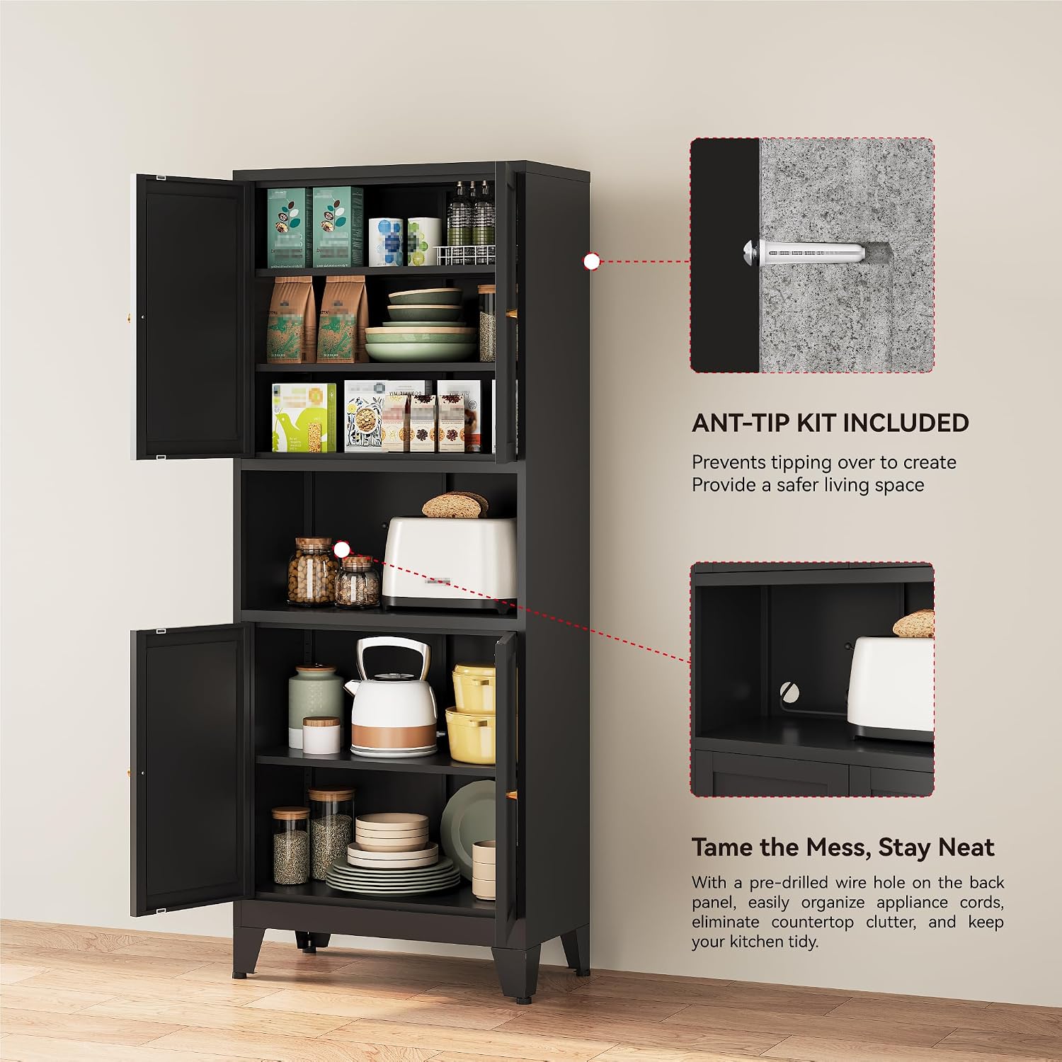 YAUWOH 69" Tall Metal Pantry Cabinet with Microwave Shelf, 4 Doors & 3 Adjustable Shelves, 120LBS Per Shelf Heavy Duty Storage Cabinet with Anti-Tip Design for Kitchen,Dining Room (1PC,Black)