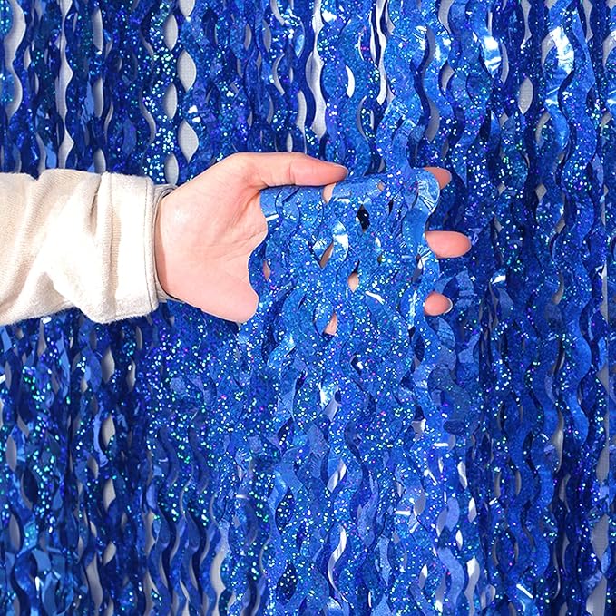 4 Pack 3.3 ft x 6.6 Wavy Sparkle Dark Blue Foil Fringe Backdrop Curtain - Navy Blue Streamer Backdrop Tinsel Curtains for Door Streamers Ocean Birthday Party Decorations Disco Party