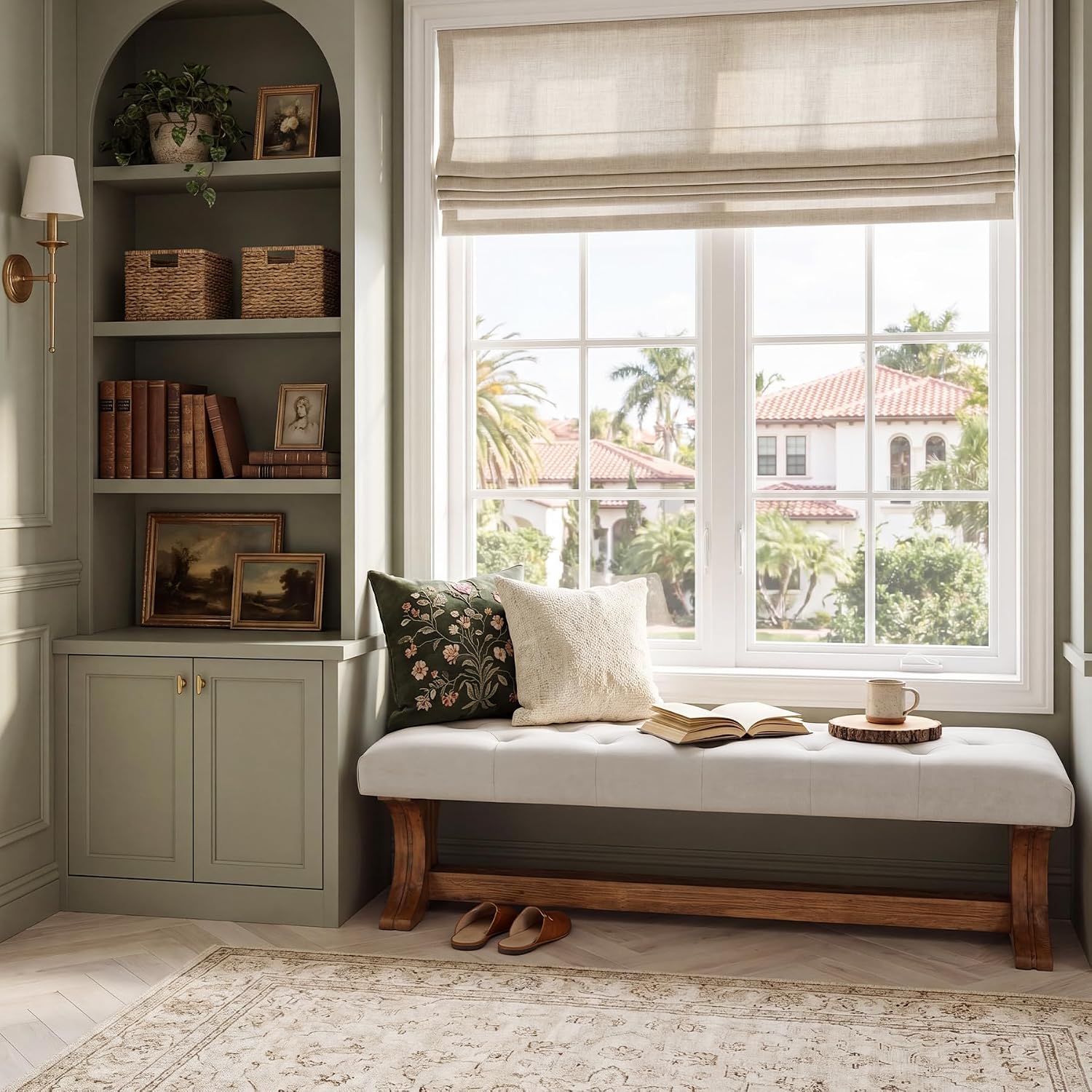 LITTLE TREE 55" Upholstered End of Bed Bench, Solid Wood Tufted Entryway Bench, Farmhouse Ottoman with Cushion for Bedroom, Foot of Bed, Living Room, Hallway, Light Gray