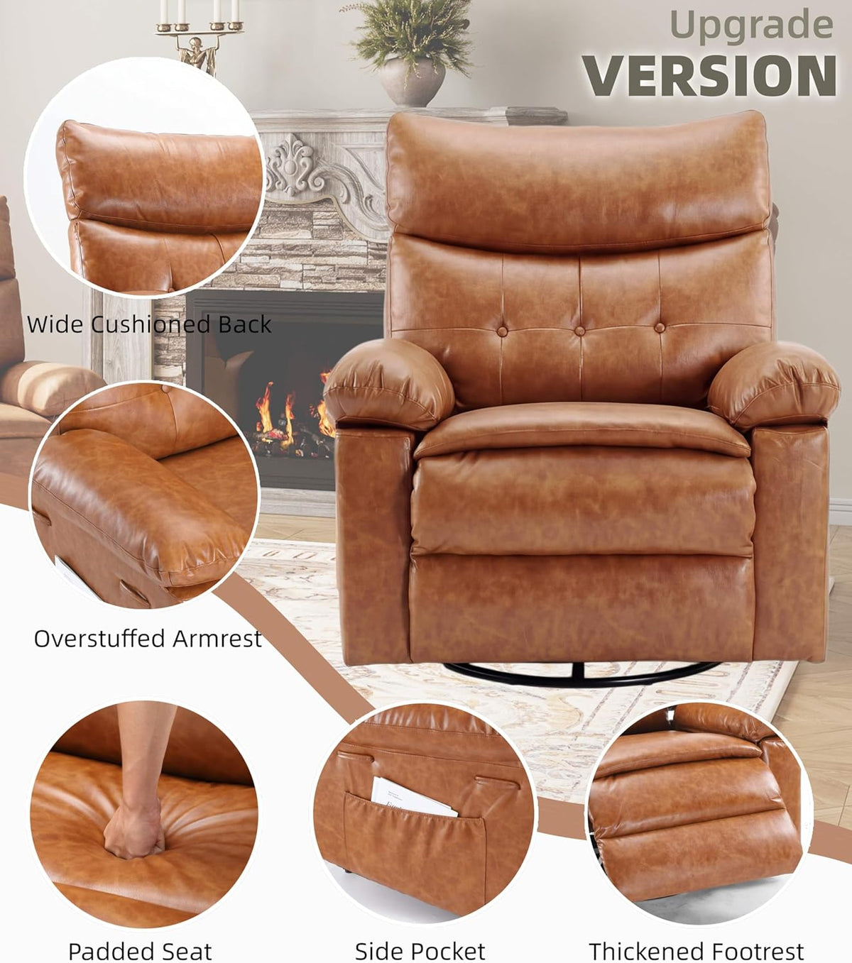 GarveeHome Leather Recliner Chair - Heat and Massage, Swivel Rocker Manual Recliner for Adults, Lazy Rocking Chair with Comfort Arms and Back Single Sofa for Living Room