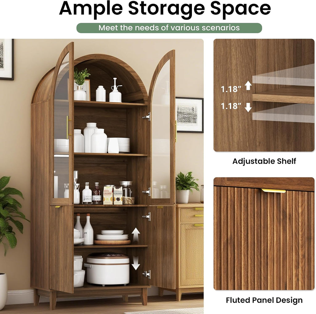 71" Tall Arched Pantry Cabinet, Kitchen Pantry with Glass Doors & Fluted Doors, Wood Storage Cabinet with Adjustable Shelf, Versatile Cupboard for Kitchen, Living Room,Walnut