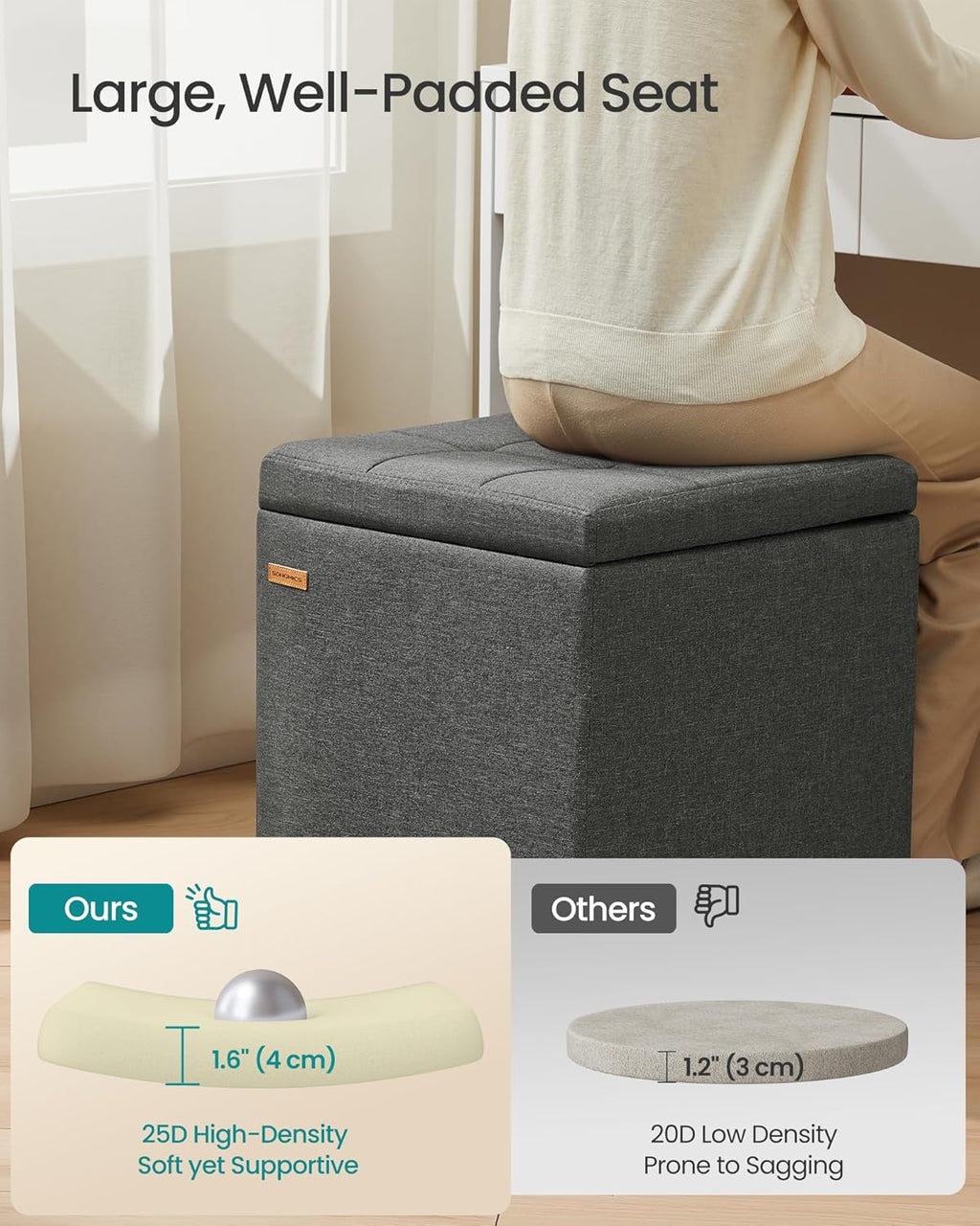 SONGMICS Square Storage Ottoman with Hinged Lid, 16.9 x 16.9 x 18.1 Inches | Foot Stool Footrest with Legs, Cube, Linen-Look Fabric, for Living Room, Bedroom, Grey, MACEO Collection ULOM509GN01