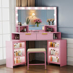 Corner Vanity Desk with LED Mirror, Power Outlet and 3 Light Modes - Pink | SKKTKT Makeup Vanity Set - Storage Drawers, Matching Chair and Corner Design for Bedroom