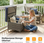 VINGLI 2 Pieces Outdoor Ottoman with Storage, Wicker Ottoman Patio Furniture w/Removable Cushion, Multipurpose Footrest Stool for Outdoor (Grey)